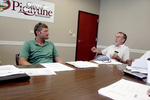 BUDGET DISCUSSION: At left Parks and Recreation Director Heath Stevens discusses his budget with Council member Wayne Gouguet. Photo by Jeremy Pittari