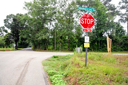 ROADWAY SAFETY: A four-way stop was installed on the intersection of Anchor Lake Road and Lumpkin Road to decrease the large number of car accidents. Photo by Ashley Collins