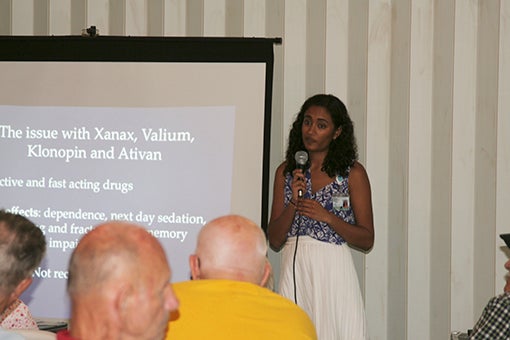 SHARING KNOWLEDGE: Medical student Aditi Dasgupta gives a presentation about the four keys to a more restful sleep at the Senior Center of South Pearl River County on Wednesday. Photo by Ashley Collins.