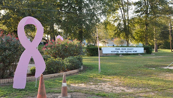 MAKING STRIDES: Each year, the Pearl River County Hospital and Nursing Home decorates their front llawn with pink ribbons in support of breast cancer awareness month. Photo by Cassandra Favre