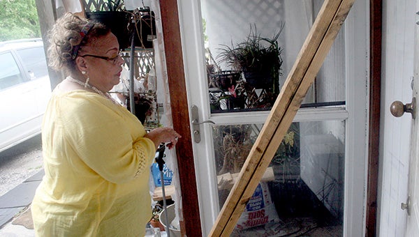 DAMAGED: Local business owner Lynn Barzé looks over a green house at the back of her store where an unknown suspect broke in through the screen door.  Photo by Jeremy Pittari