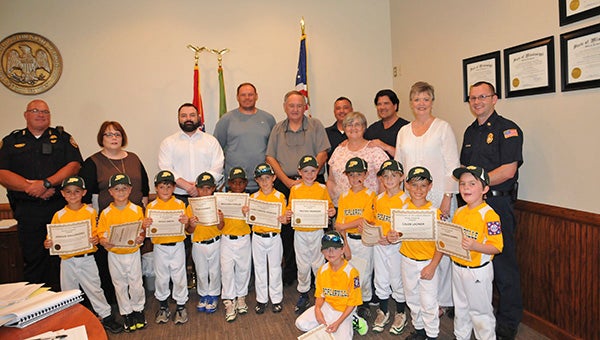 CHAMPS: During Tuesday’s meeting the Poplarville Board of Aldermen recognized the 5 and 6-U T-Ball Dixie Little League State Champions who will be competing in the World Series in Searcy, Arkansas on June 21.  Photo by Cassandra Favre