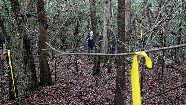 INVESTIGATION: Members of the Pearl River County Sheriff’s Department and the state examiner’s office located and recovered a “large amount” of skeletal remains Tuesday while attempting to determine the cause of death. Yellow flags denote where evidence was found at the scene. Photo by Jeremy Pittari
