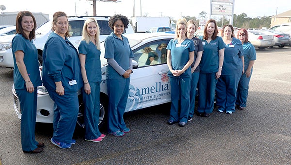 HERE TO HELP: Pictured is the staff at the Picayune location of Camellia Home Health and Hospice. From left are Kayla Avalon, Michelle Ladner, Jennifer Craft, Katrina Thompson, Jessica Penton, Kasey Stockstill, Kristi Taylor, Rhonda Wahl and Sandra Lewis. Photo by Jeremy Pittari